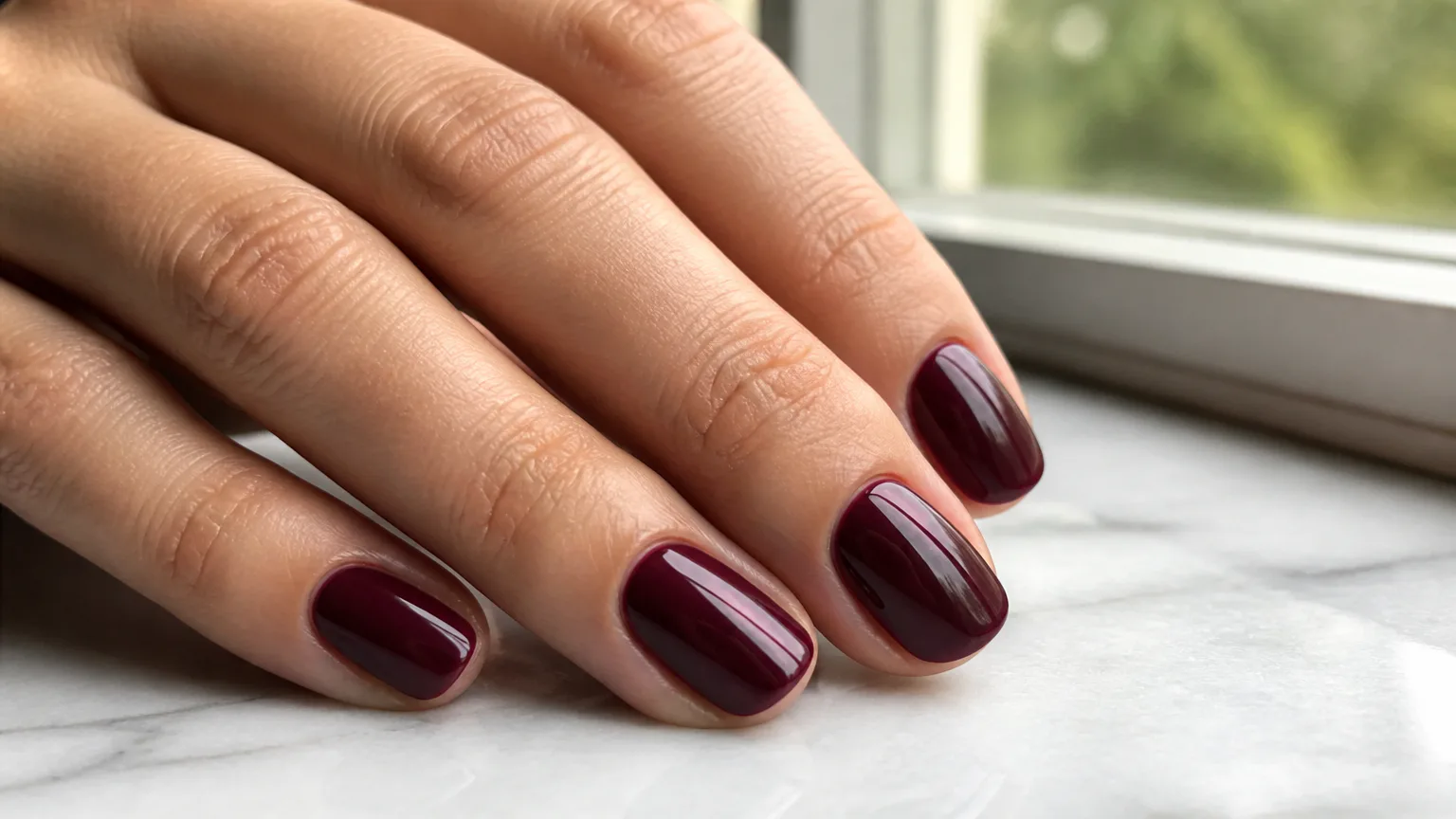Hand with glossy burgundy manicured nails