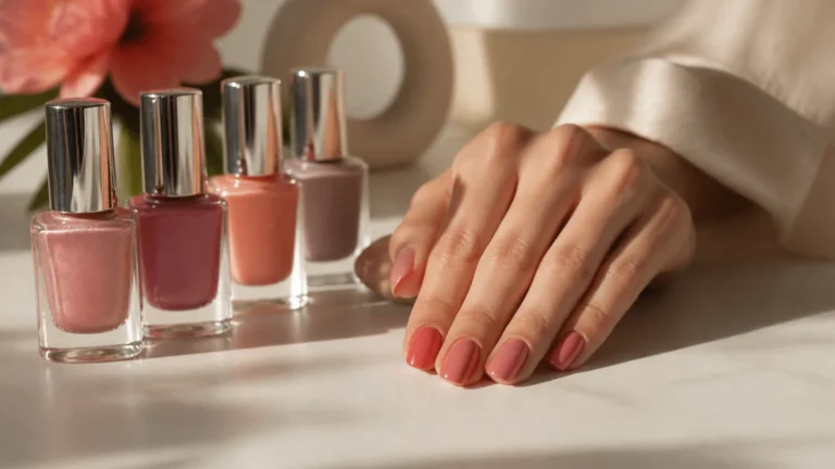 Hand with pink manicure beside nail polish bottles