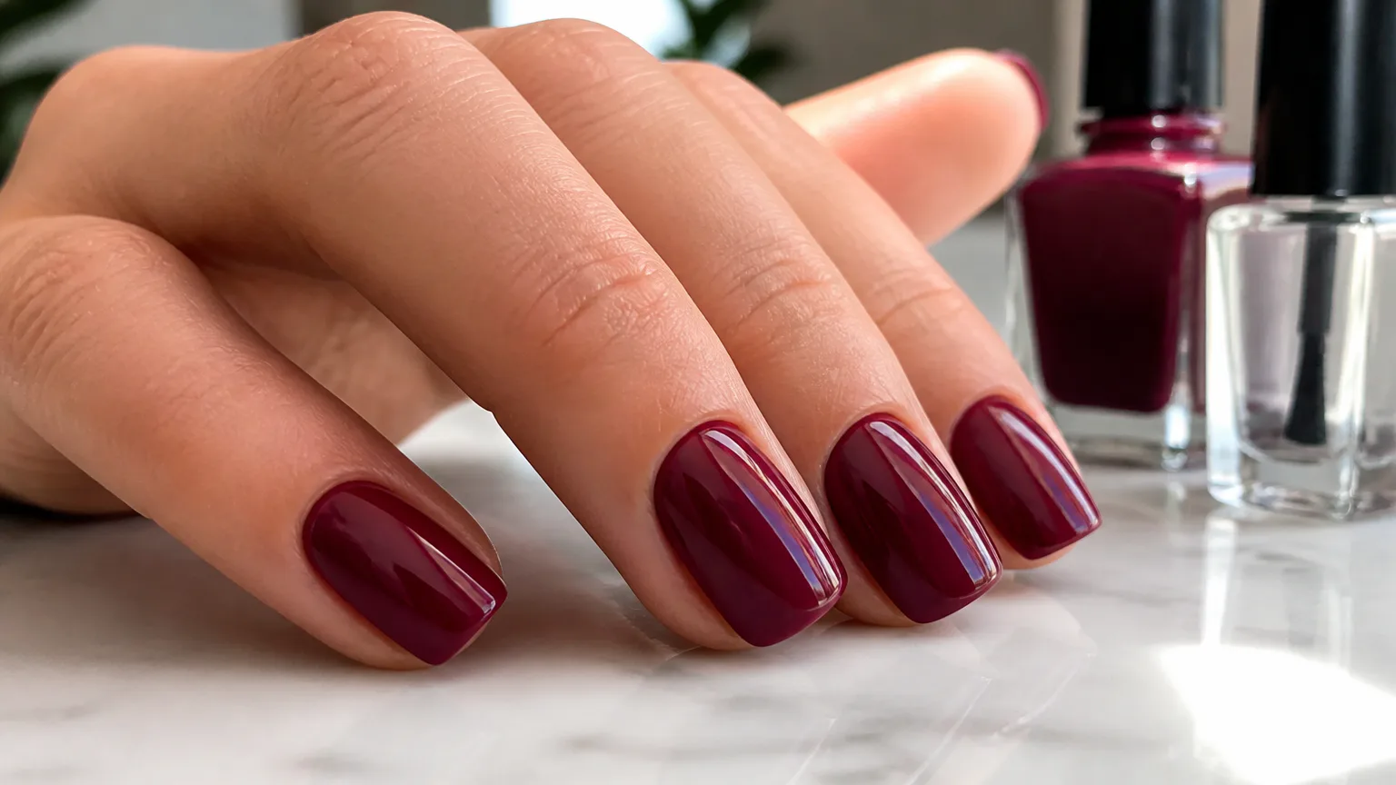 Hand with glossy burgundy manicured nails