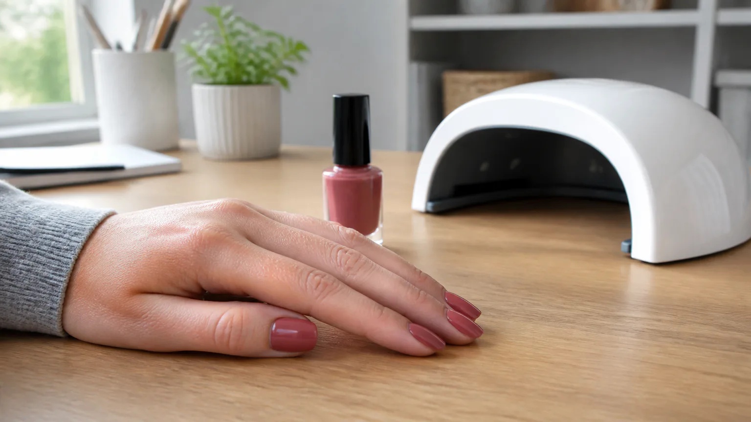Hand with painted nails beside a nail lamp
