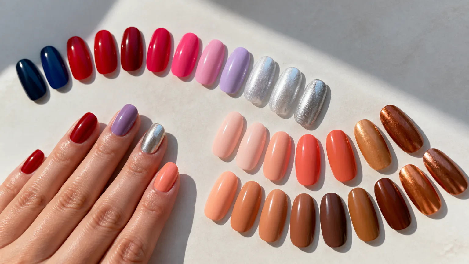 Colorful nail polish swatches and manicured hand