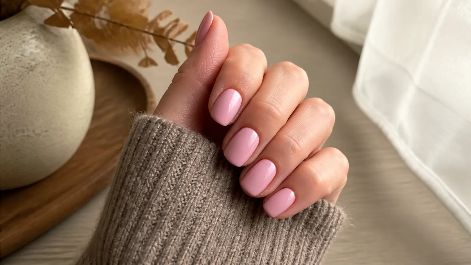 Hand with glossy pink manicured nails