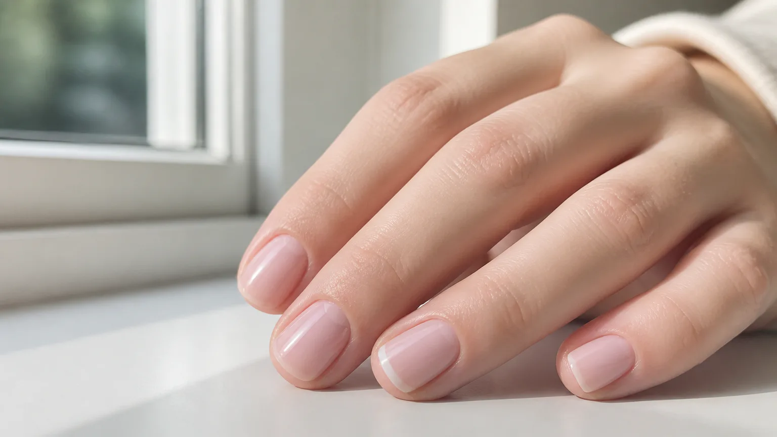 Close-up of hand with pink manicured nails