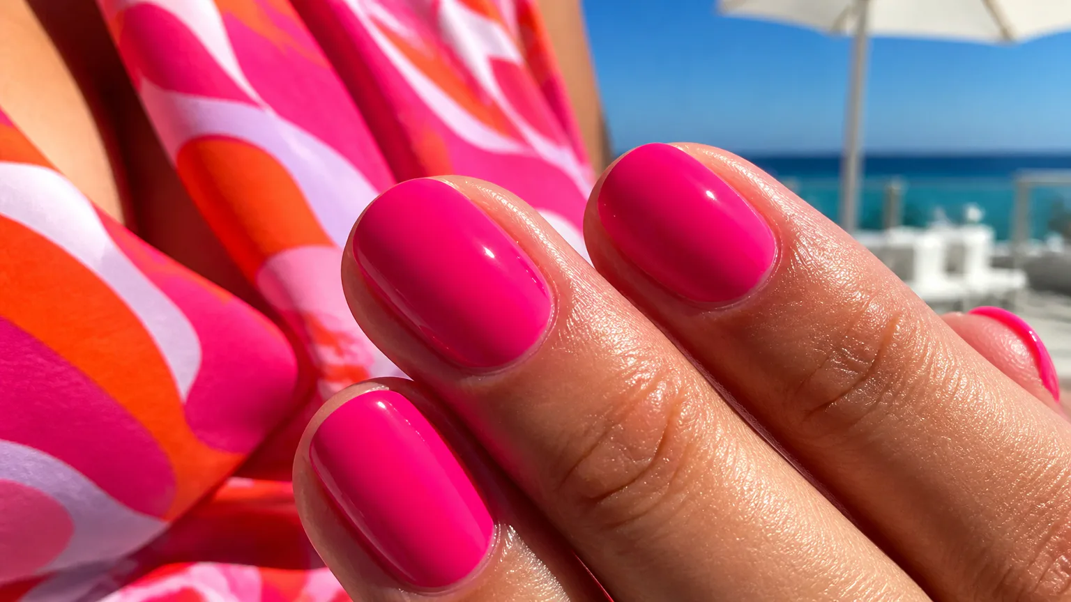 Close-up of bright pink manicured nails