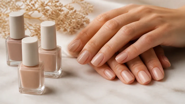 Hands with nude manicure and nail polish