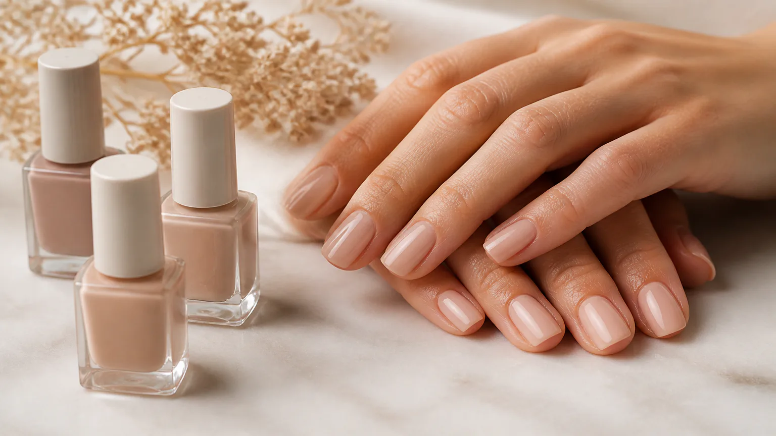 Hands with nude manicure and nail polish