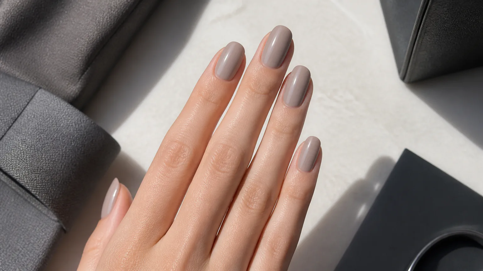 Hand with glossy taupe manicure