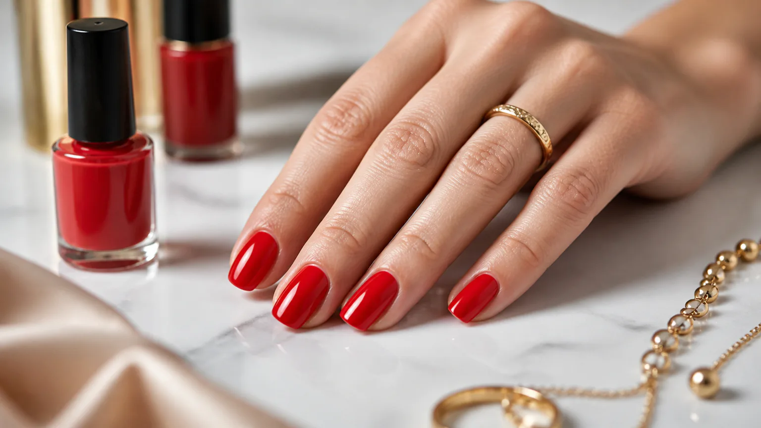 Hand with glossy red manicure beside nail polish