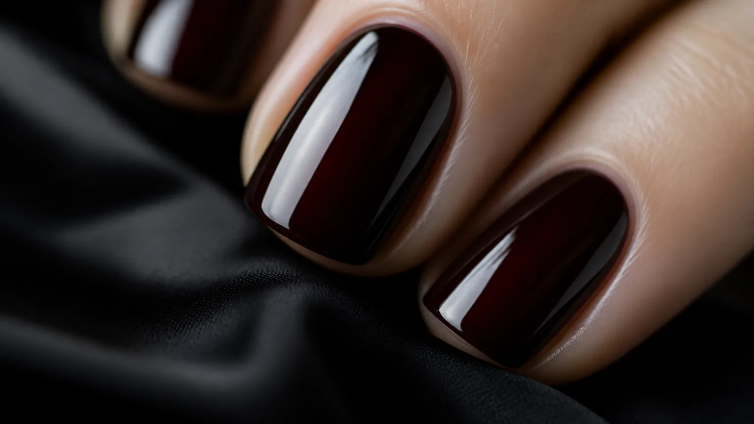 Close-up of glossy dark brown painted fingernails