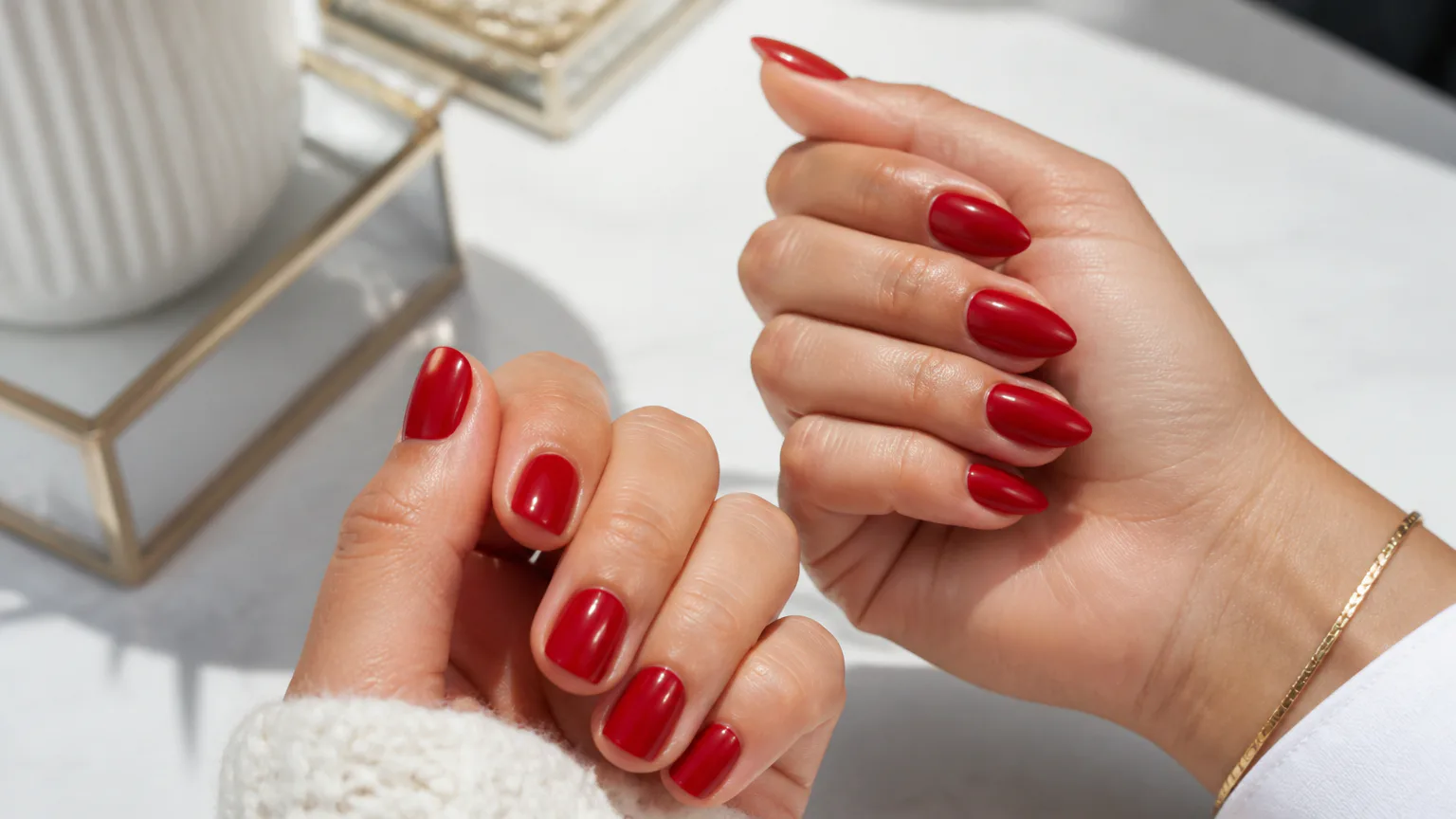 Hands with glossy red manicured nails