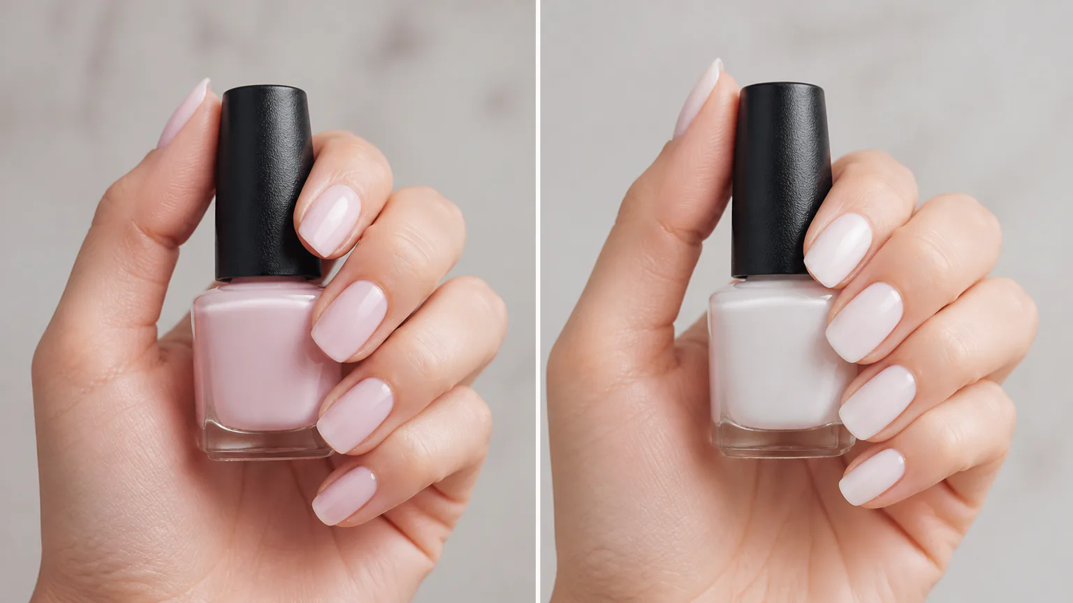 Hands holding pink and white nail polish bottles