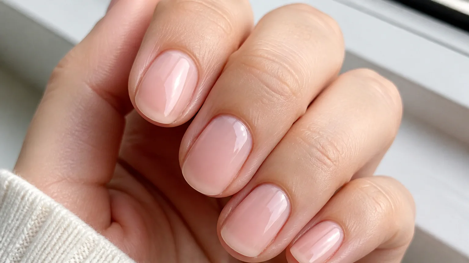 Close-up of hand with glossy pale pink nails