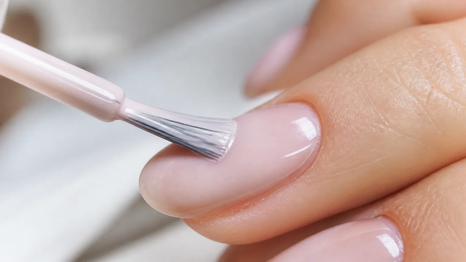 Close-up of a brush applying pink nail polish