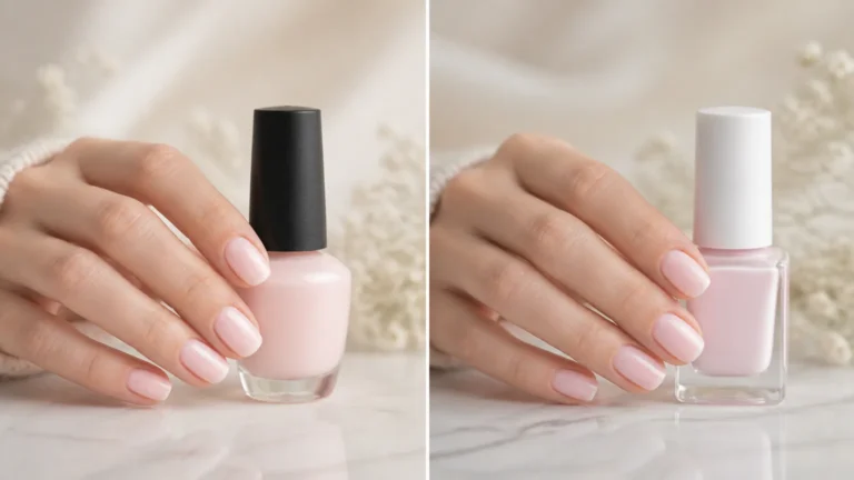 Hands holding two pale pink nail polish bottles