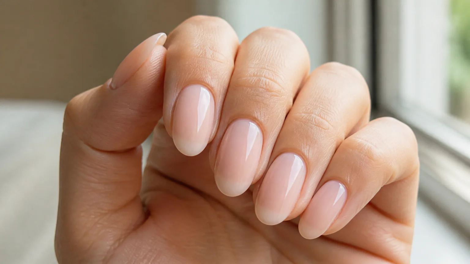 Close-up of hand with glossy pink nails
