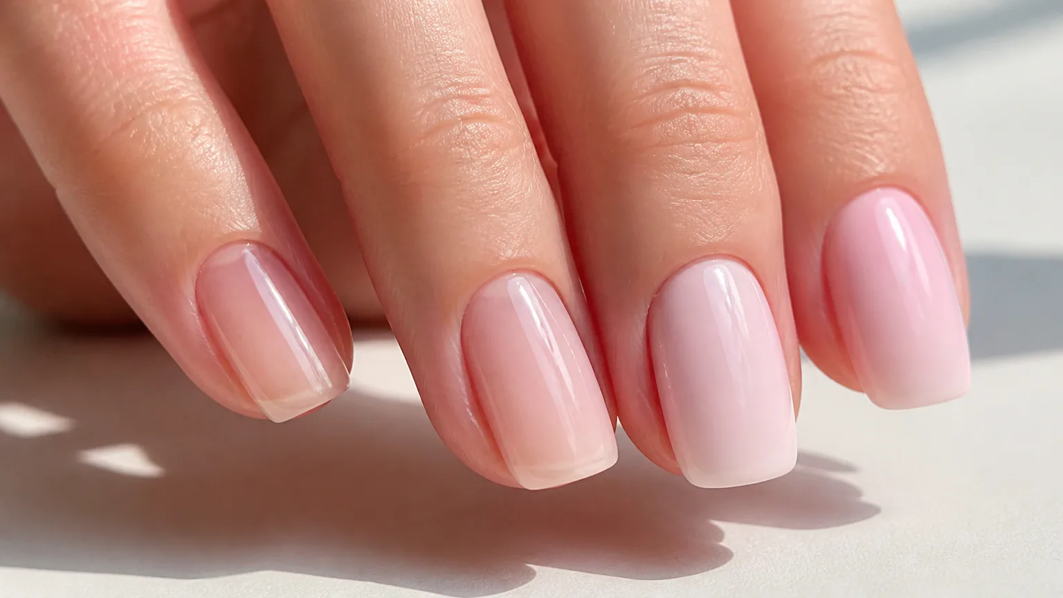 Close-up of glossy pale pink manicured nails