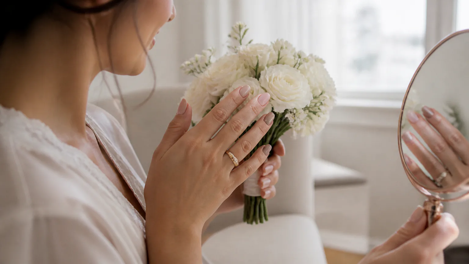 Bride admiring her bouquet in a mirror