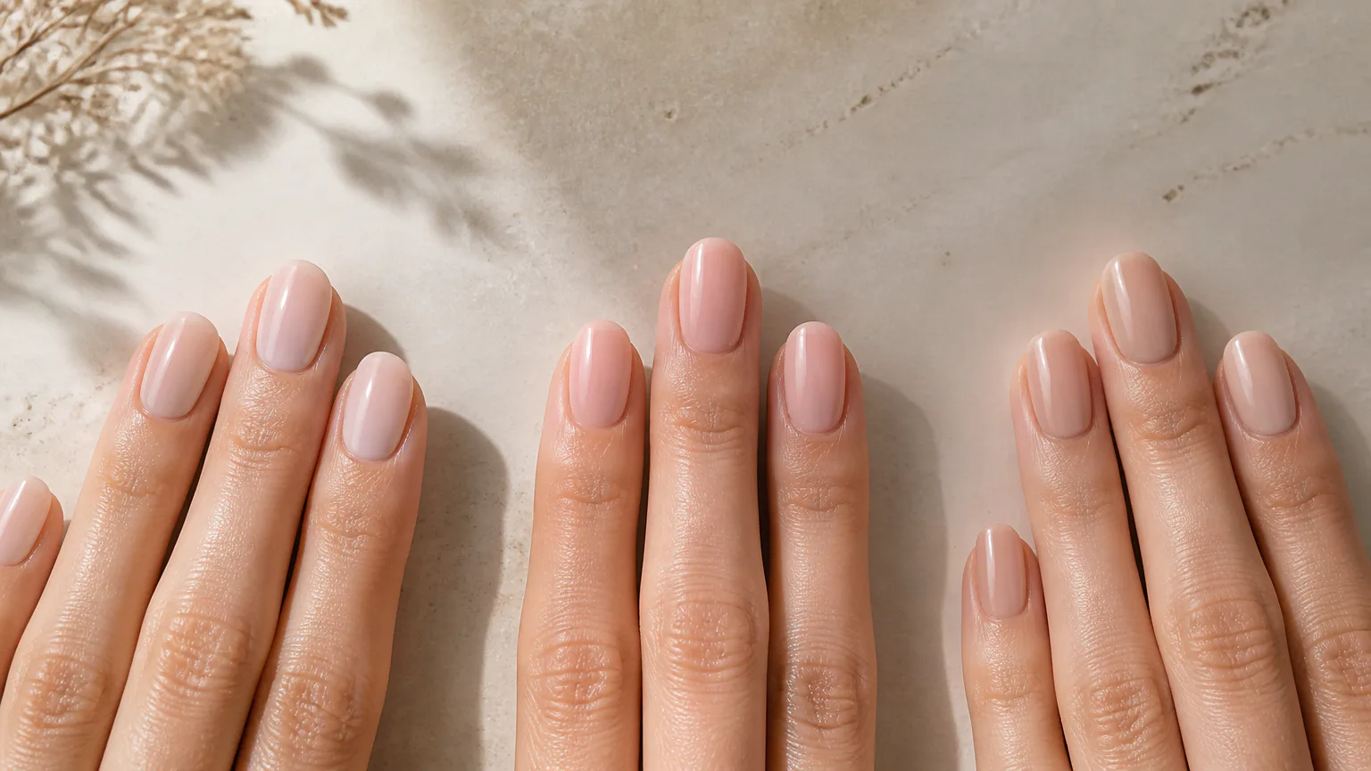 Hands with glossy pale pink manicures