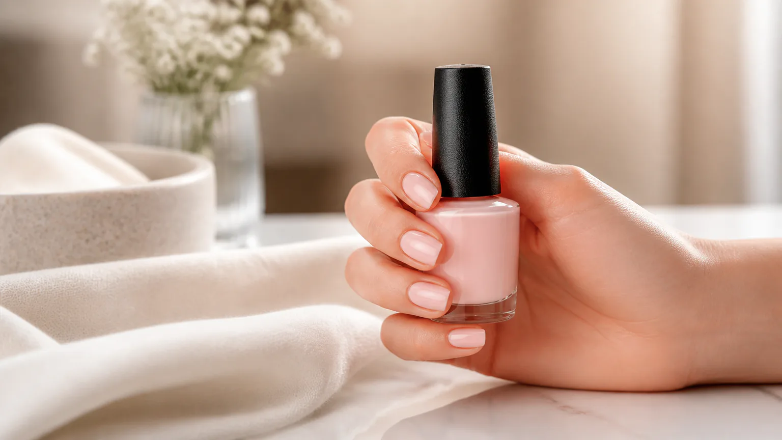 Hand holding a pink nail polish bottle