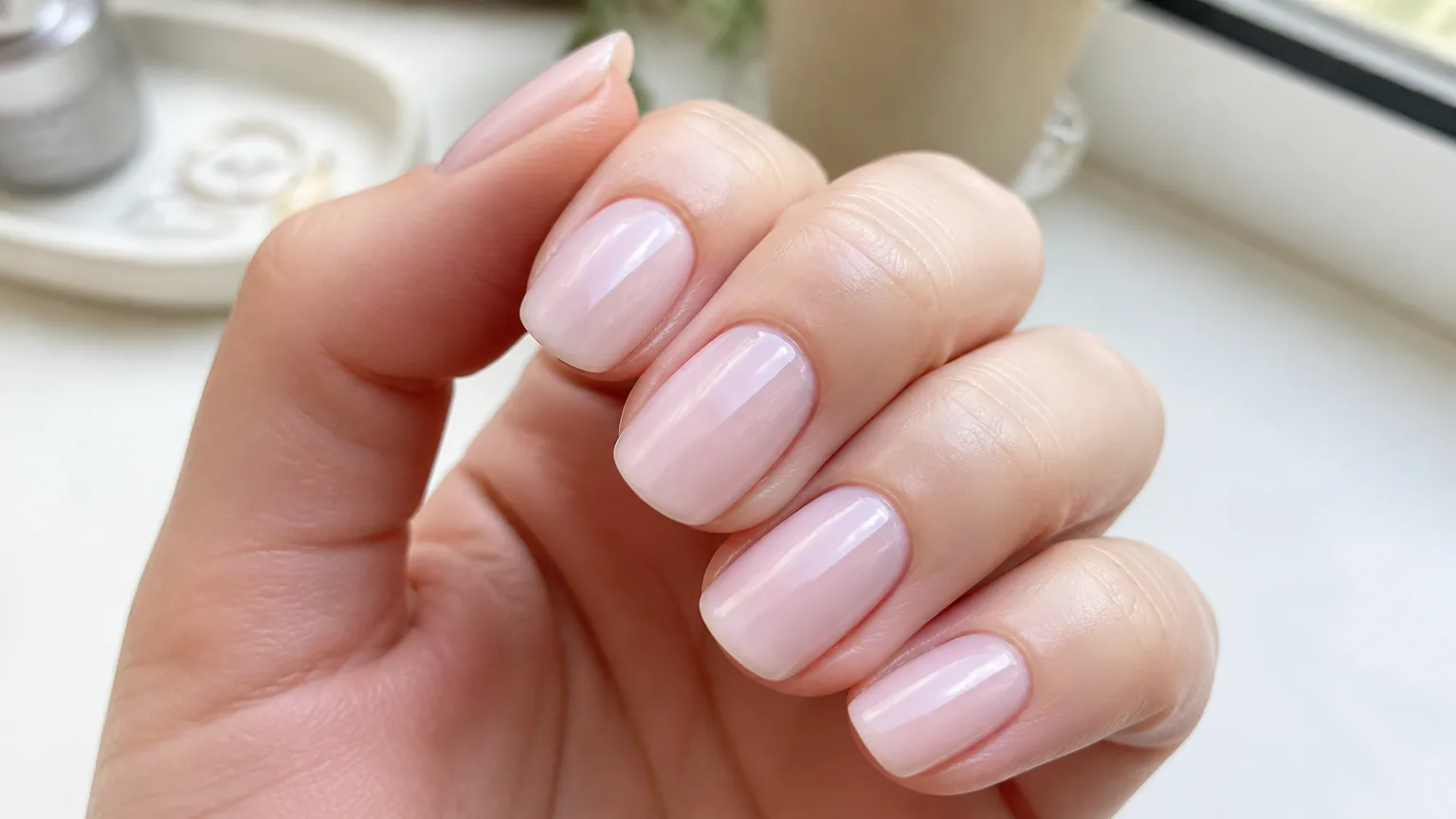 Hand with glossy pale pink manicured nails