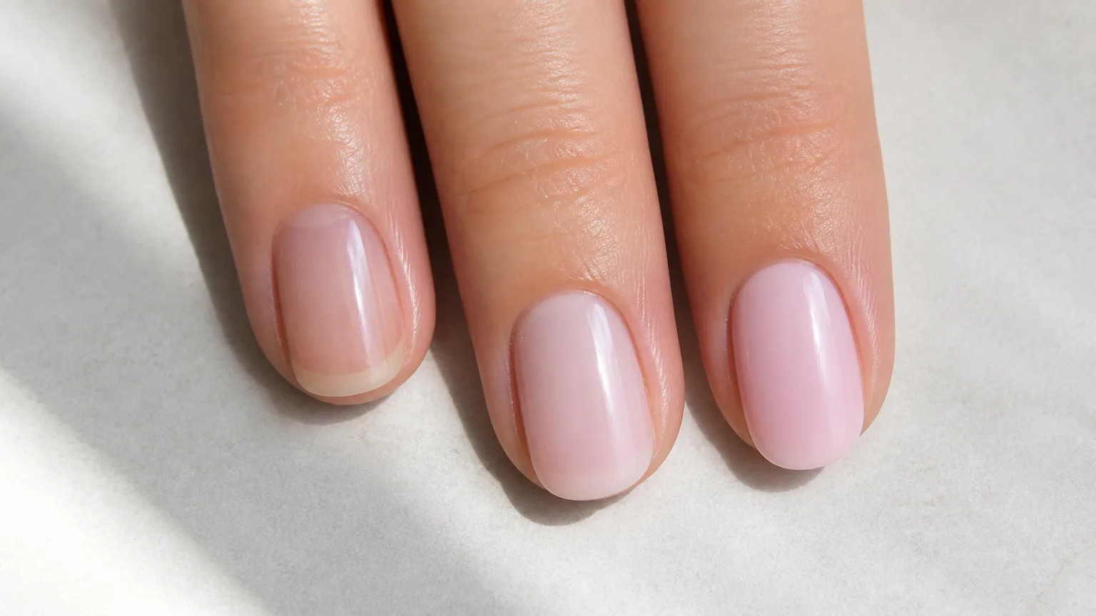 Close-up of neatly manicured pink nails