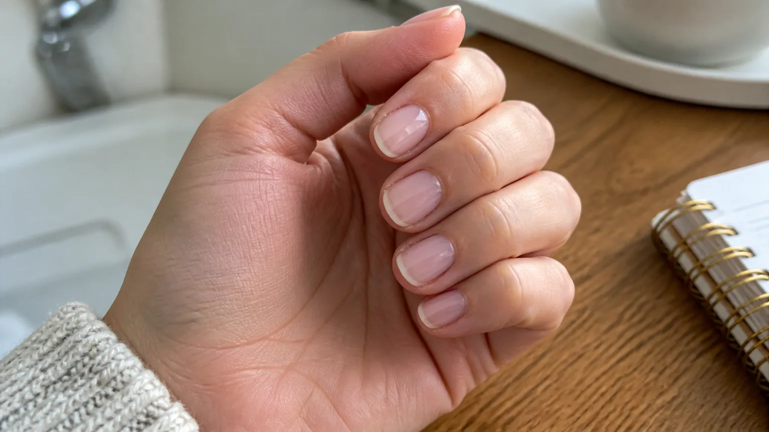 Hand showing short natural pink nails