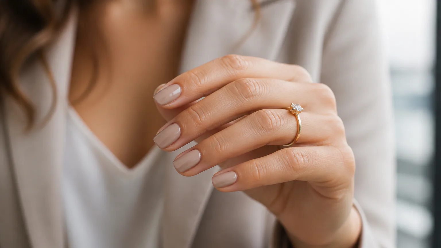 Close-up of manicured hand wearing a ring