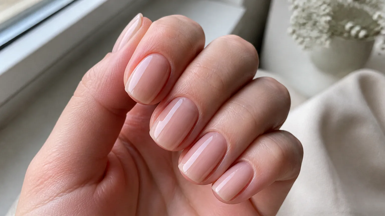 Hand with glossy pale pink manicured nails