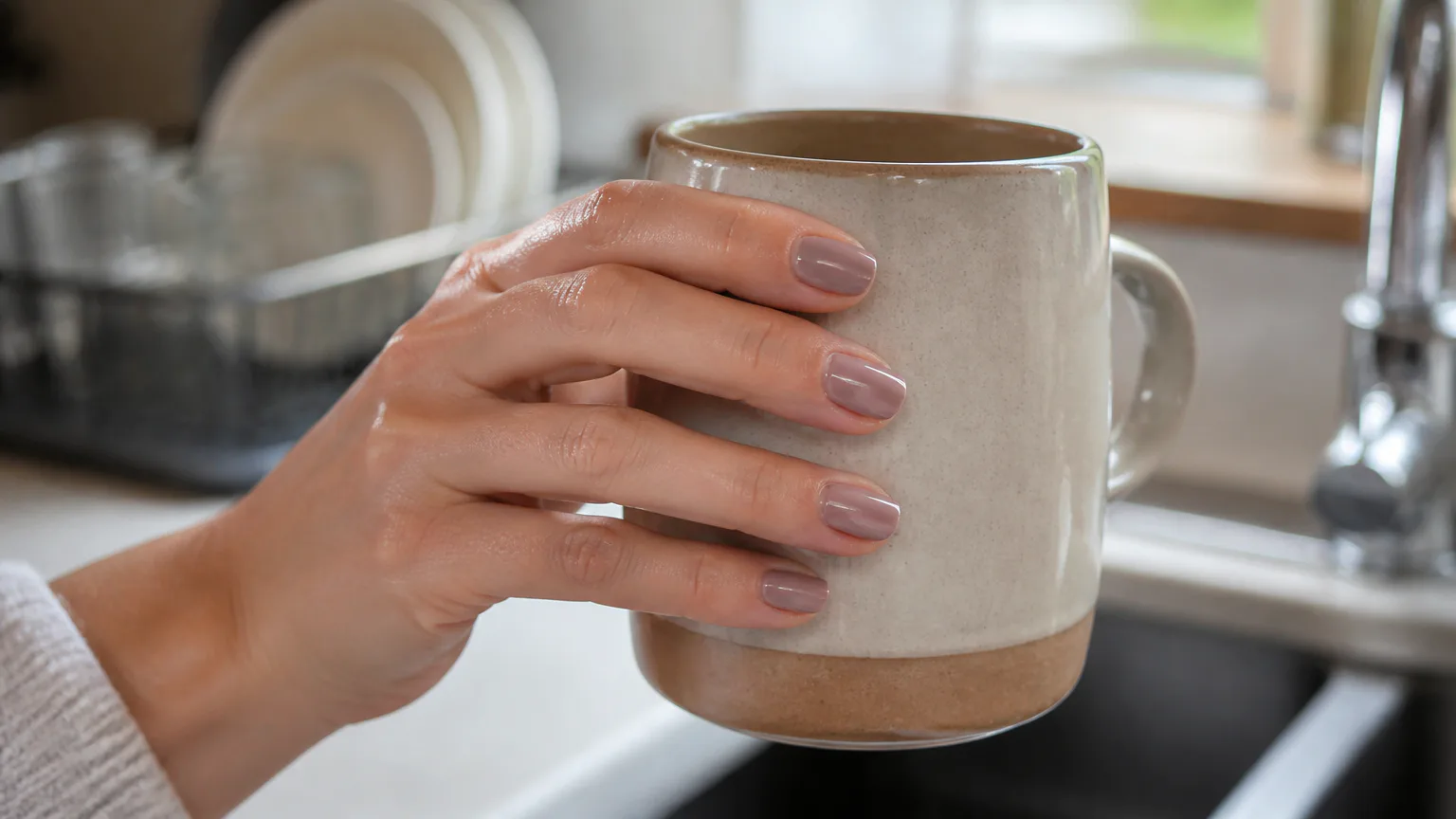 Hand holding a ceramic coffee mug