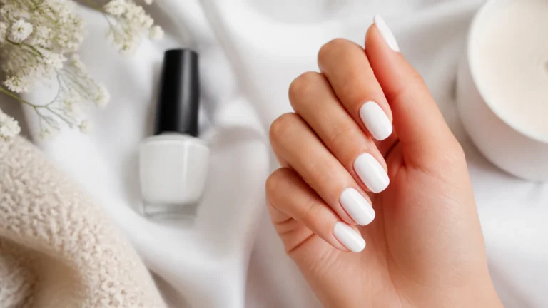 Hand with white manicure beside nail polish