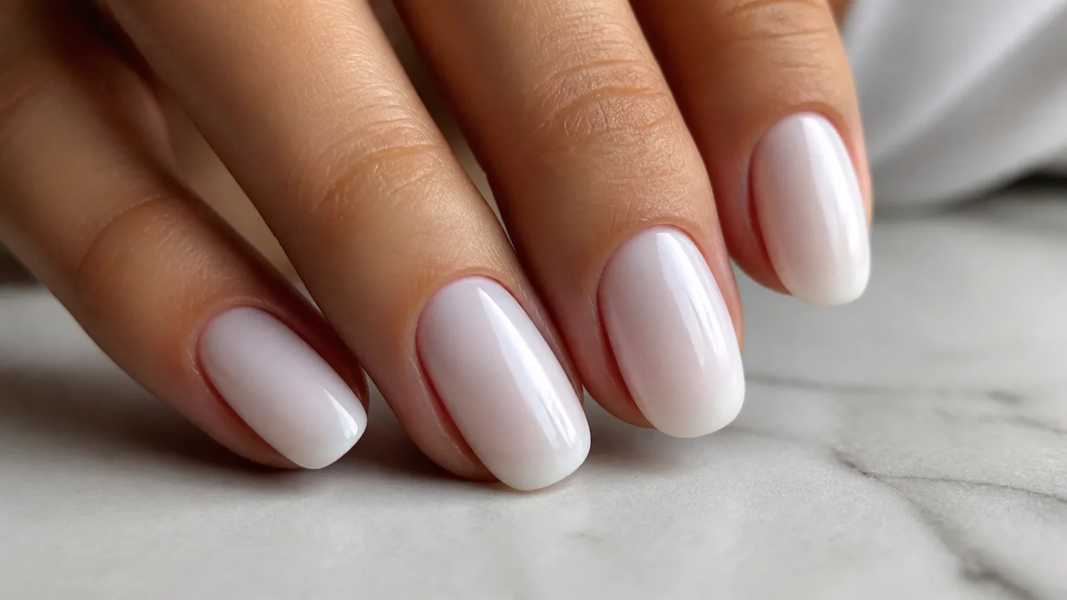 Close-up of glossy white manicured nails