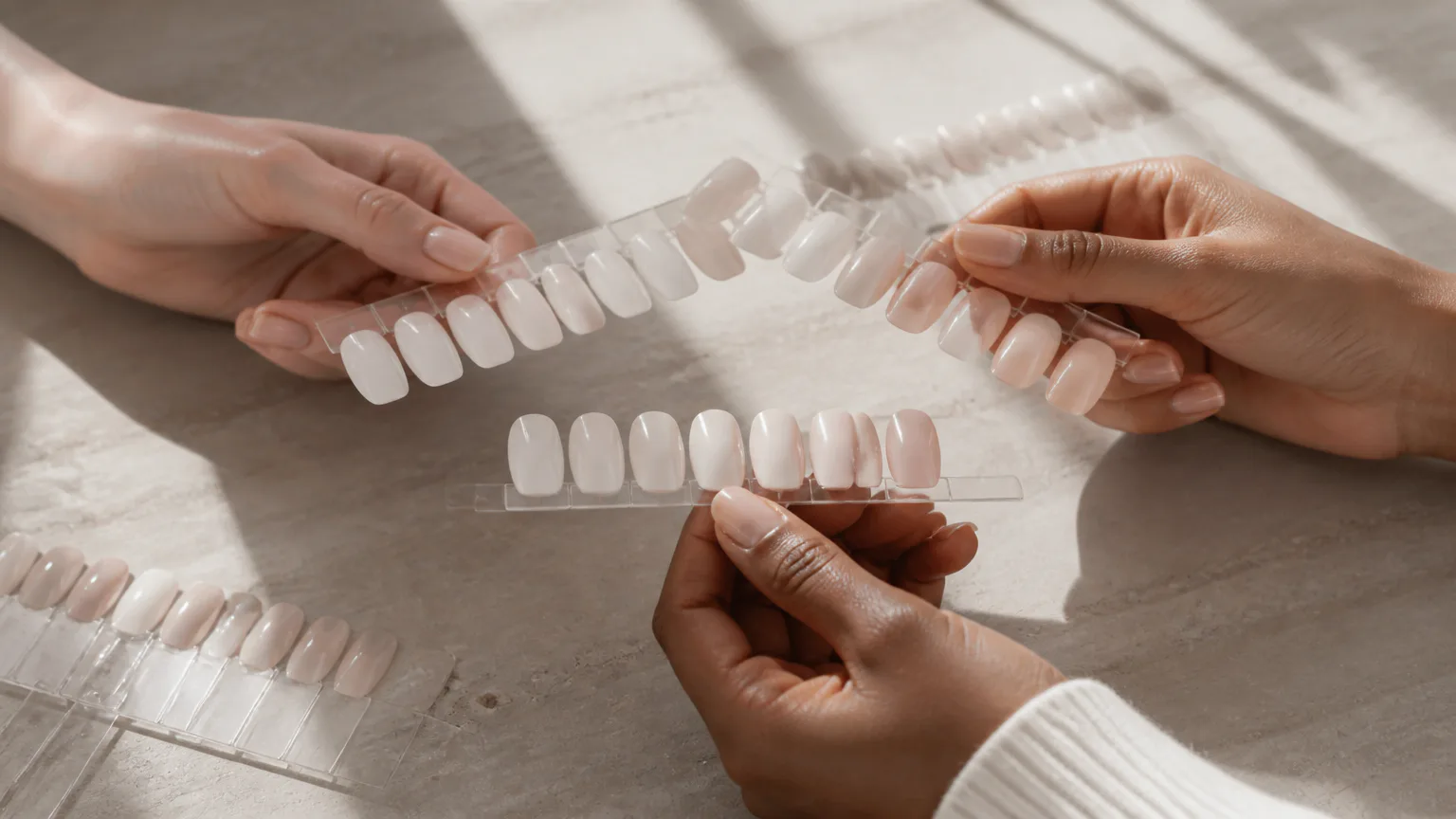 Hands holding rows of press-on nail samples