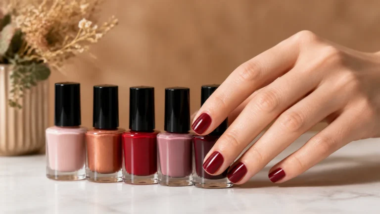 Hand with burgundy nails beside nail polish bottles