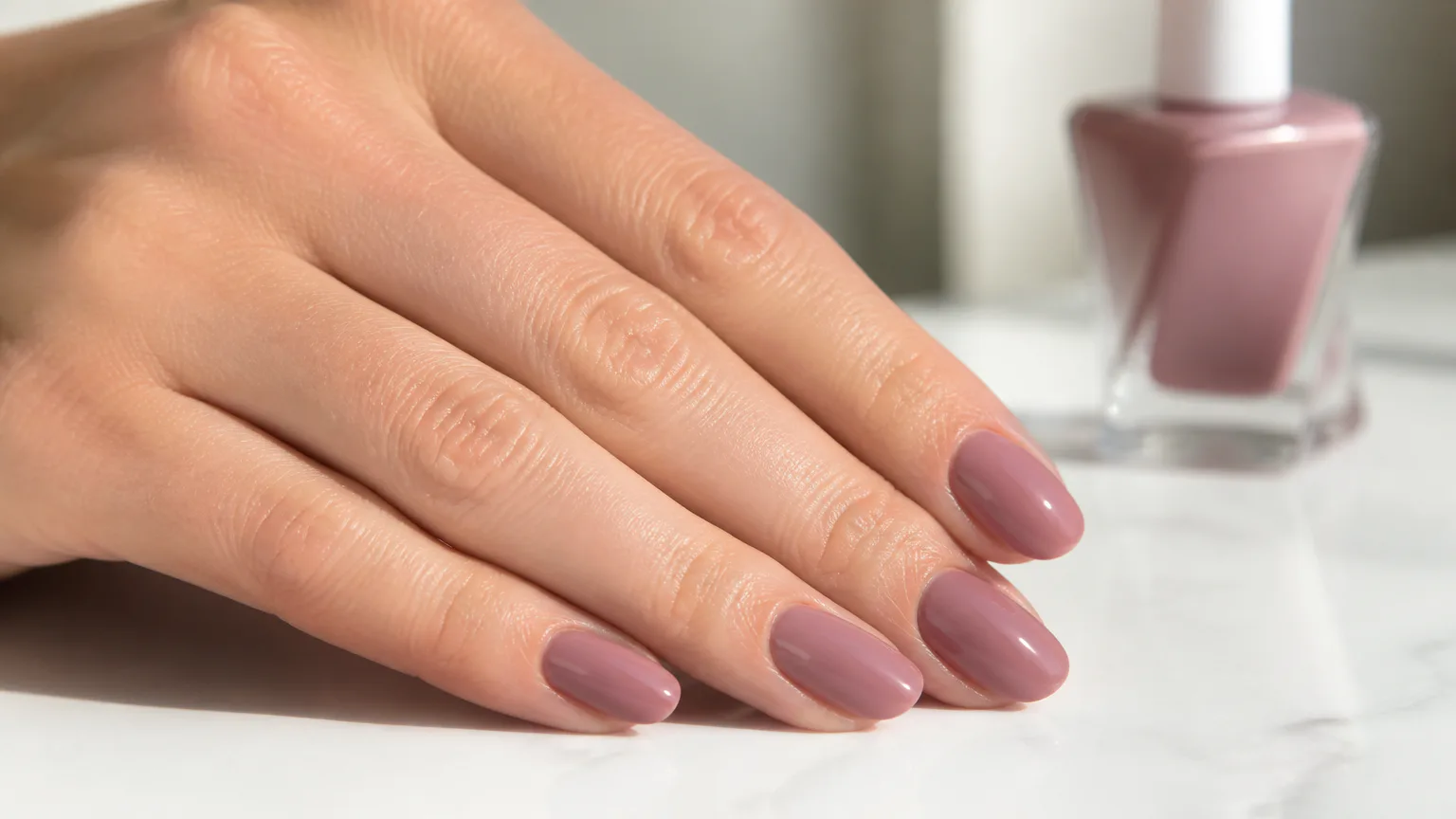 Hand with mauve polished nails