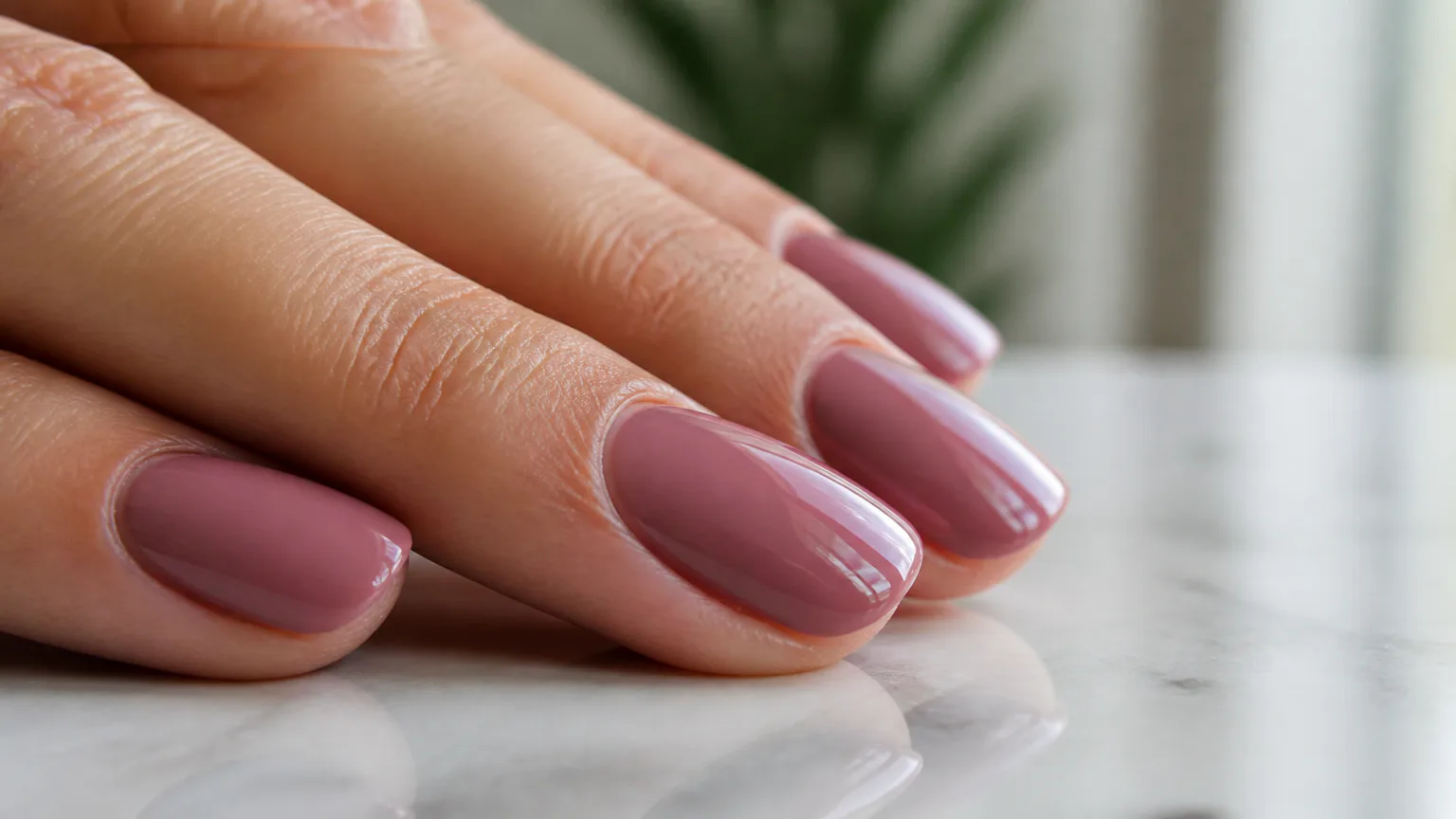 Close-up of glossy pink manicured nails