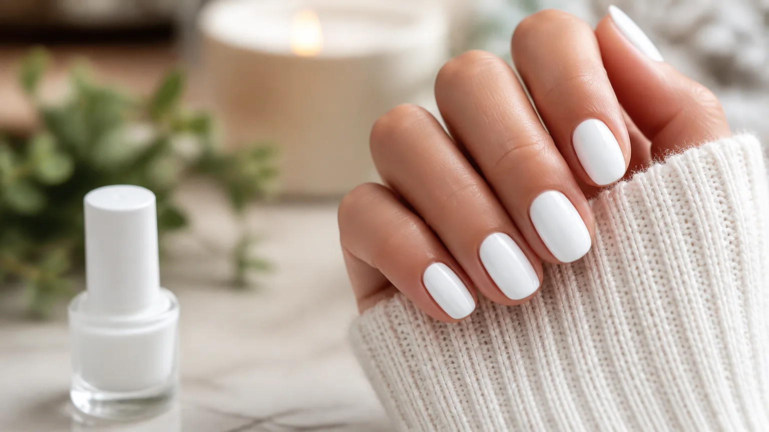 Hand with white manicured nails beside nail polish
