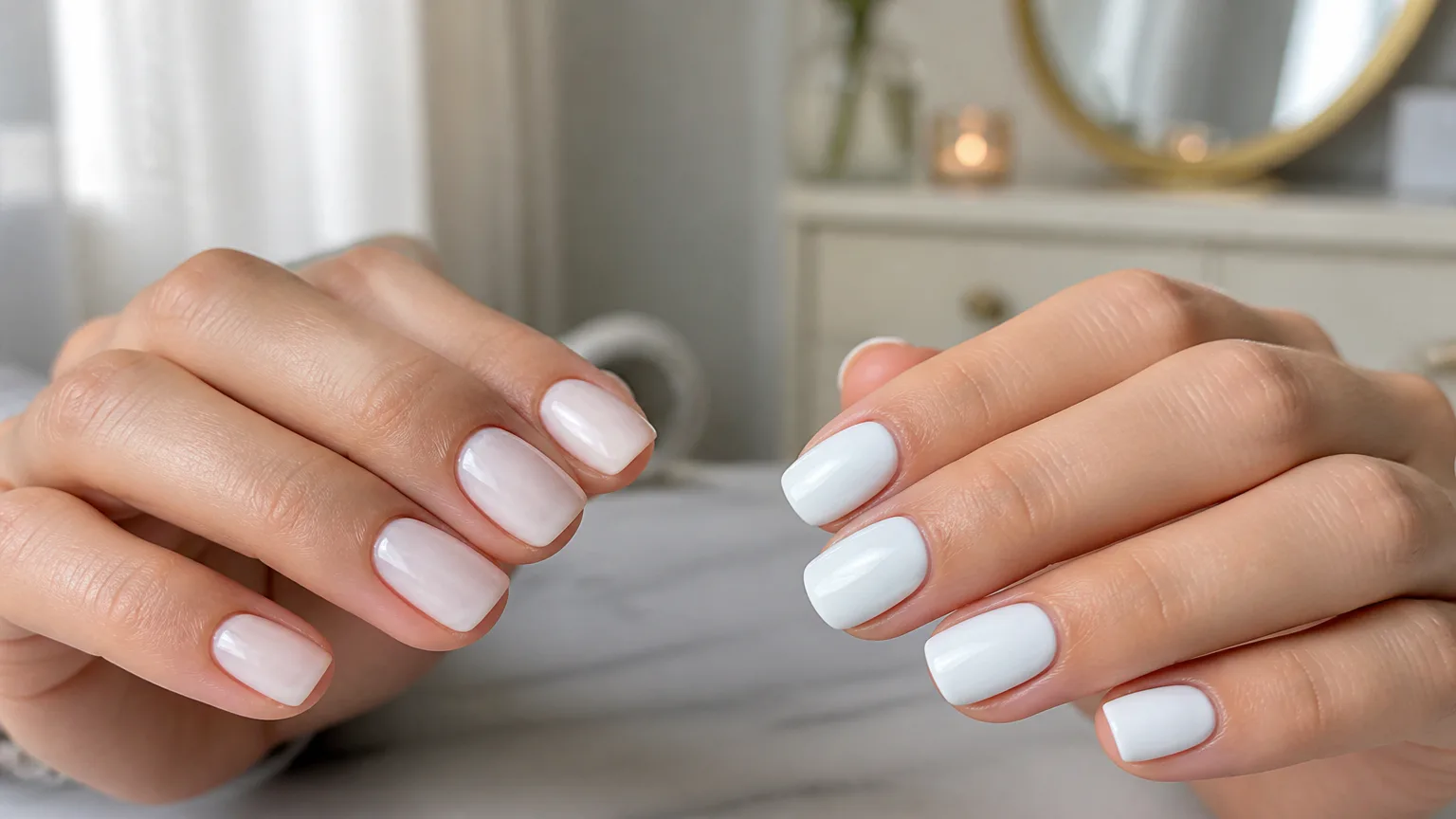 Hands with glossy white manicured nails