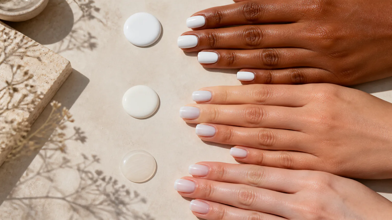 Hands with glossy white manicures and nail swatches