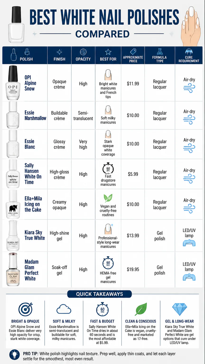 White nail polishes comparison infographic