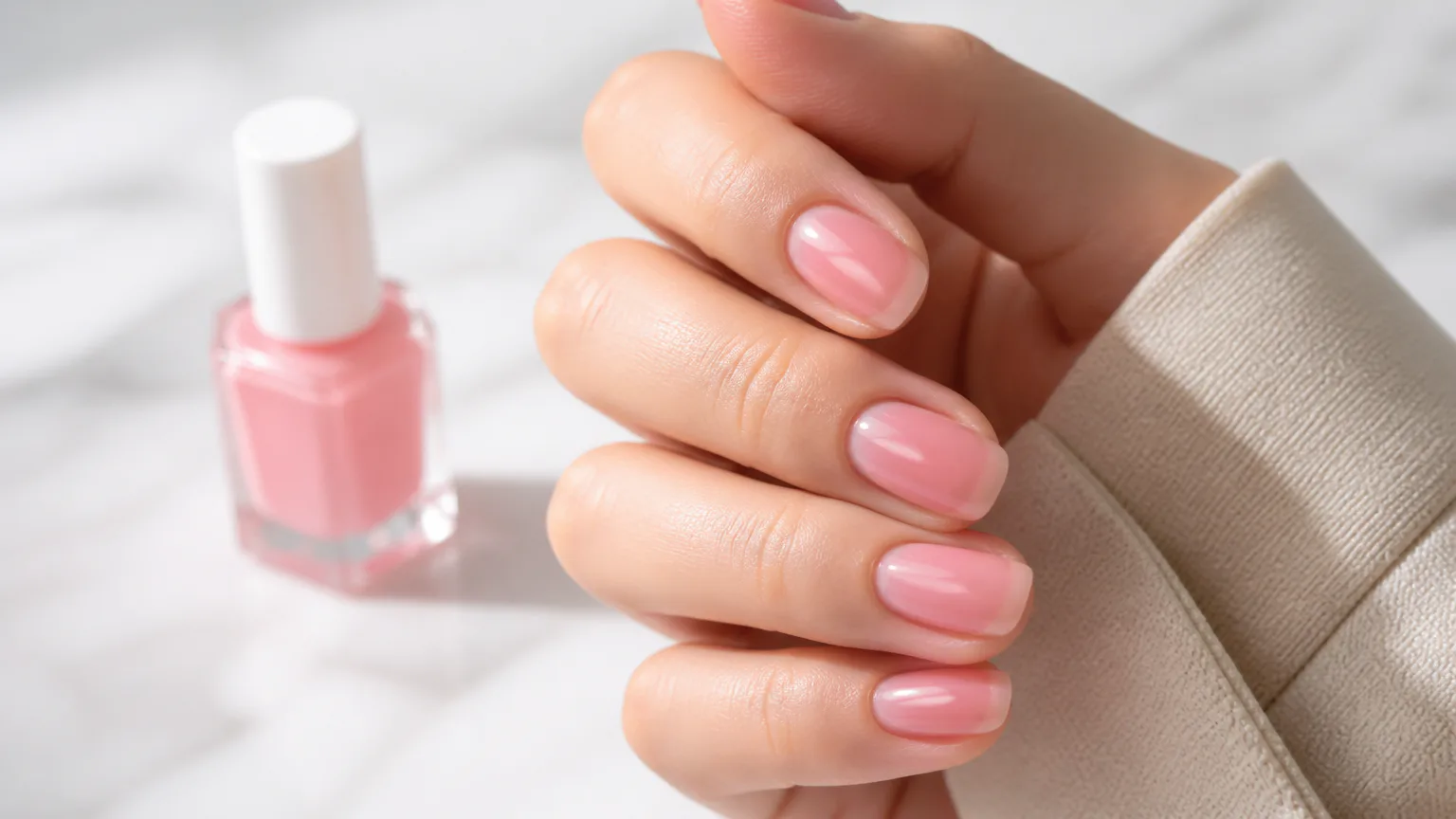 Hand with pink manicured nails beside polish
