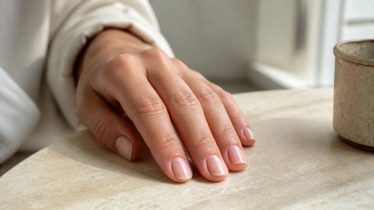 Close-up of a hand resting on a countertop