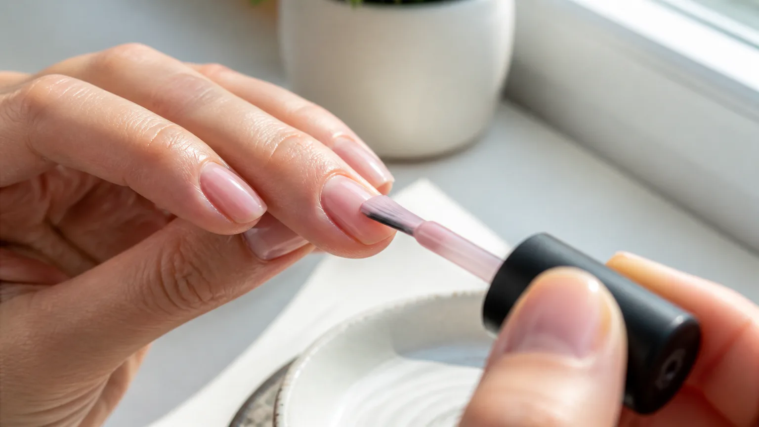 Applying pink nail polish with a brush