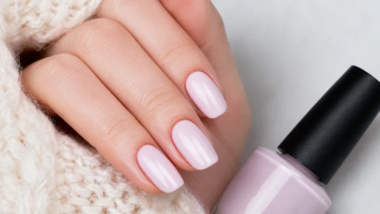 Hand with glossy pale pink manicured nails
