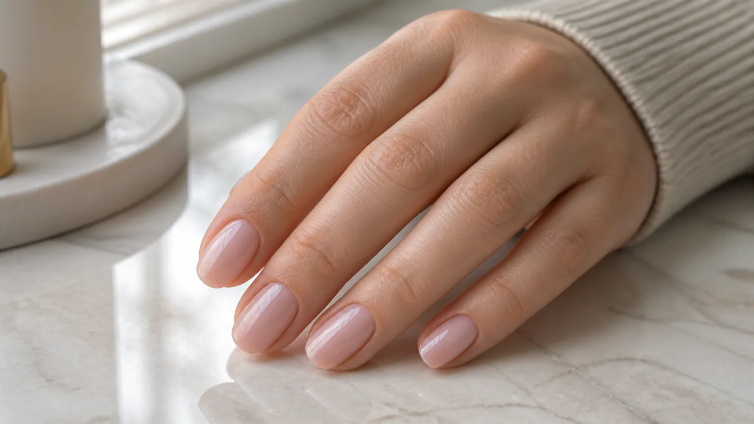Hand with polished pink nails on marble