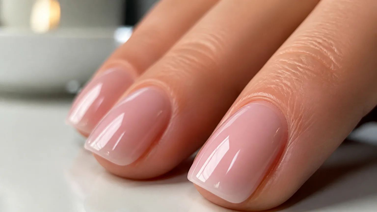 Close-up of glossy pale pink manicured nails