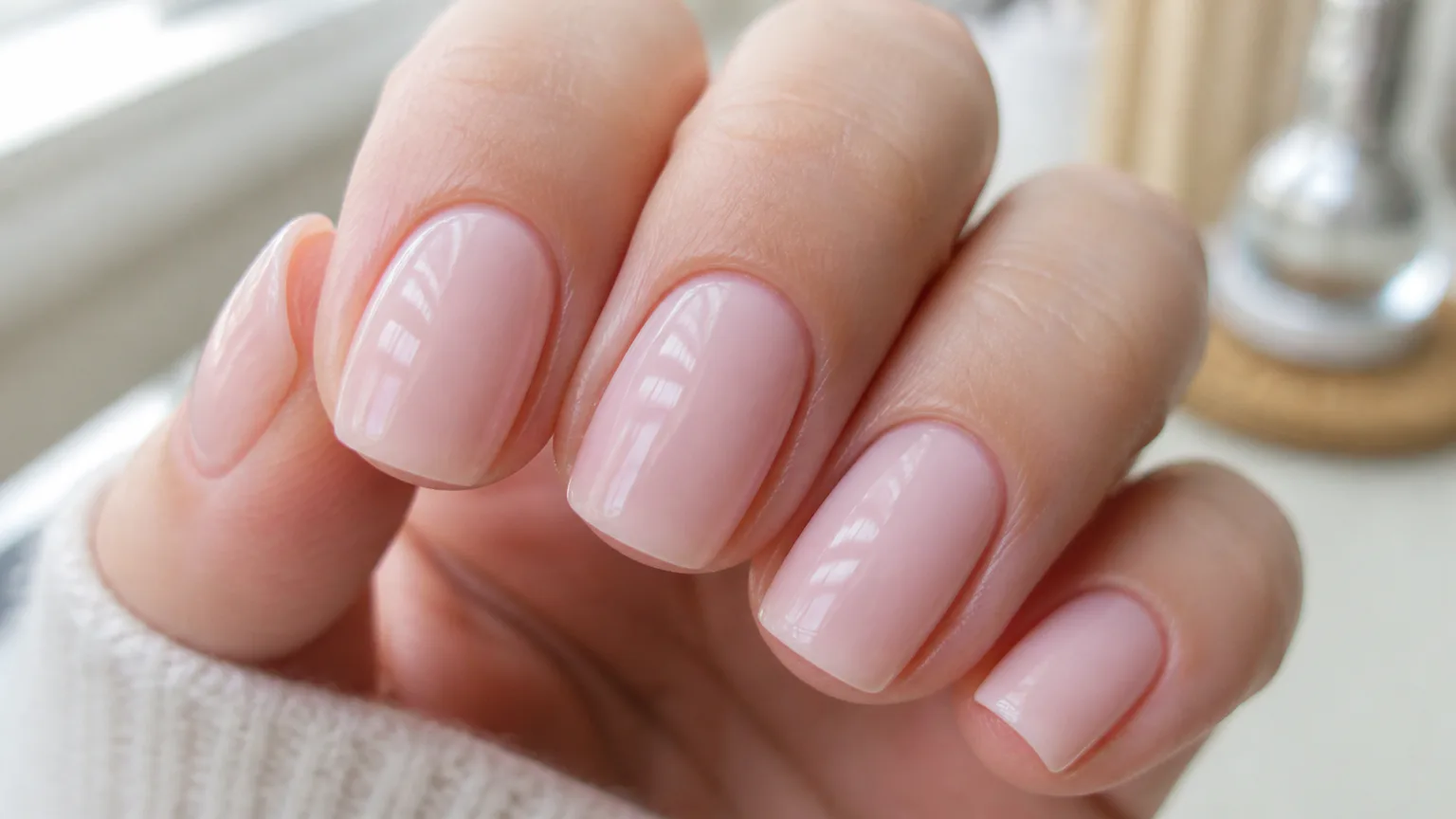 Close-up of glossy pale pink manicured nails