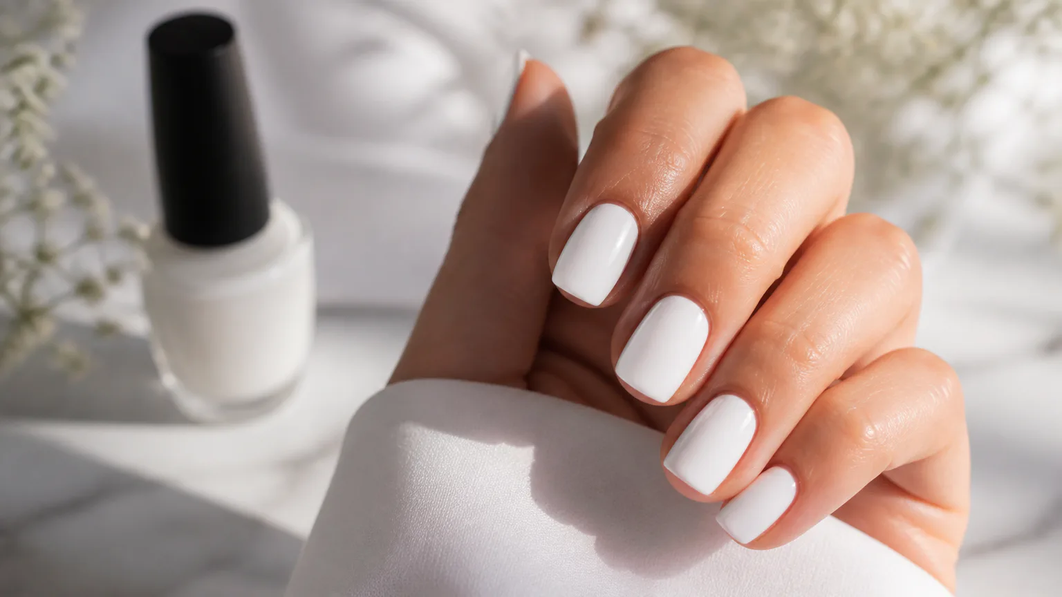 Hand with white manicured nails and nail polish