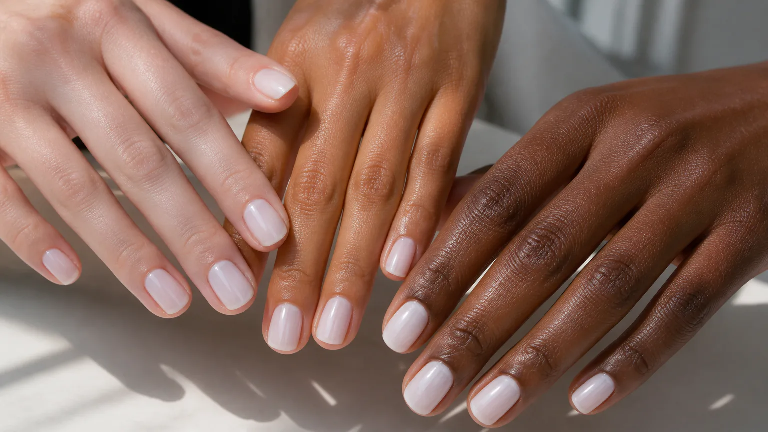 Hands with manicured nails in varied skin tones