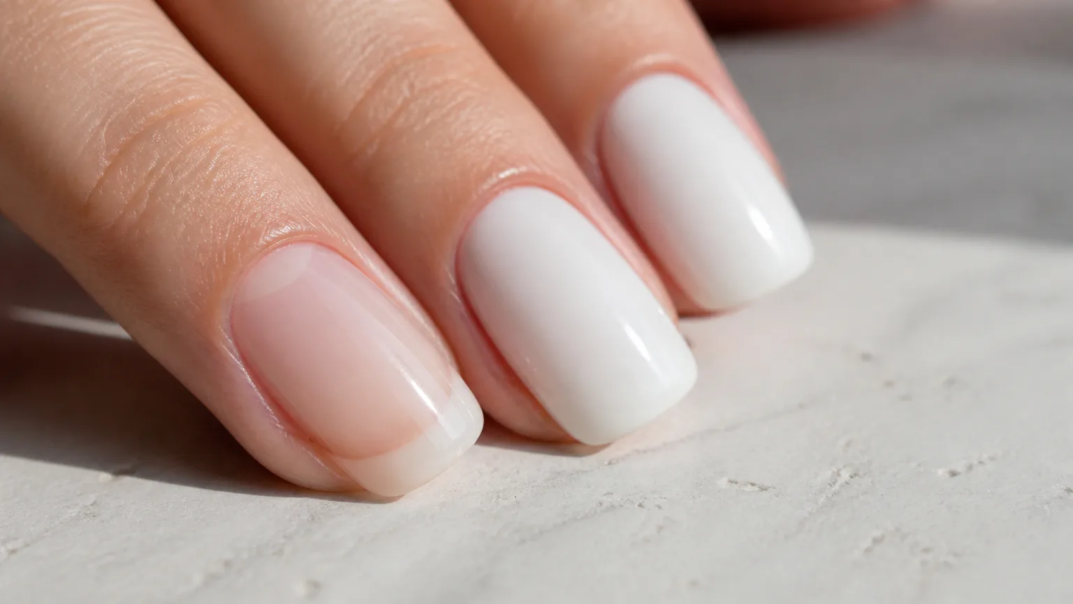 Close-up of manicured white nails