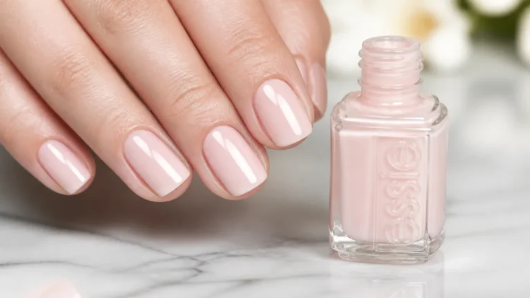 Pink manicured nails beside nail polish bottle